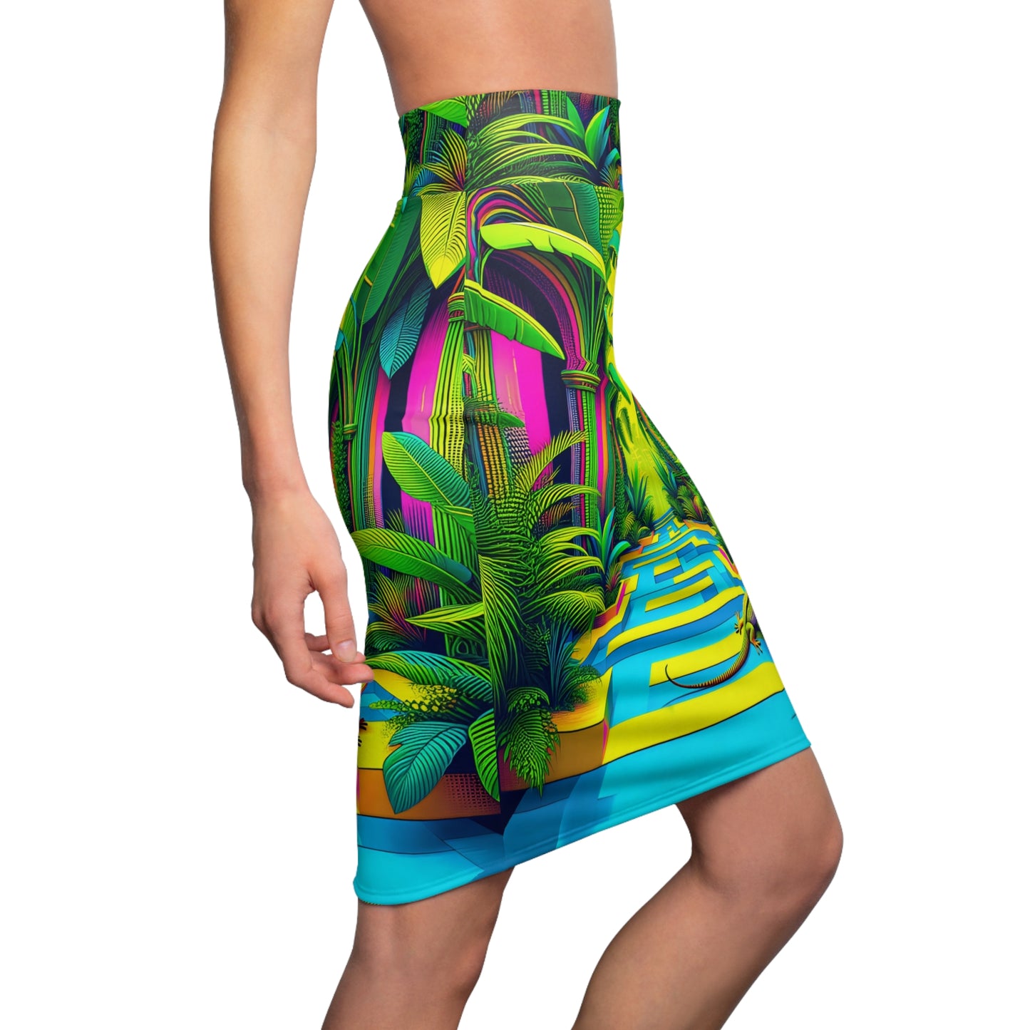 Pencil Skirt - Tropical Plants and Lizard Print