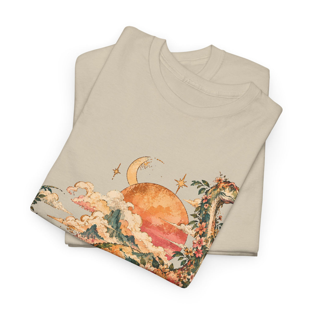 Floral Dinosaur T-Shirt, Vintage Brontosaurus Sunset Mountains Graphic Tee Unisex Nature Shirt