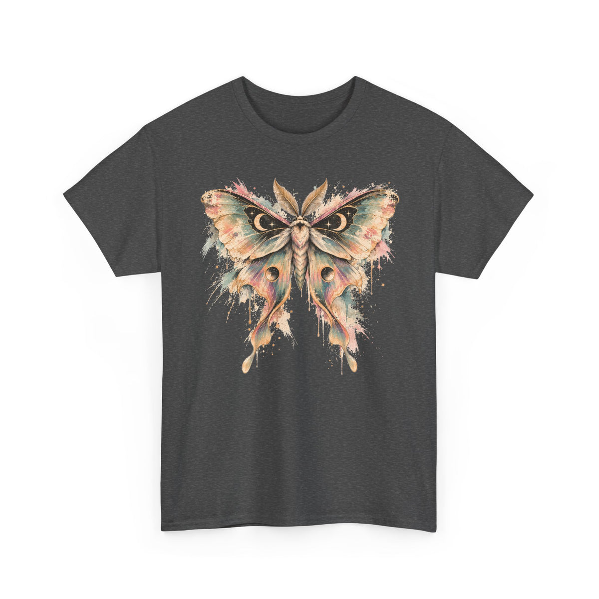Celestial Luna Moth T-Shirt, Pastel Watercolor Moth Crescent Moon Stars Paint Drip Graphic Tee Unisex