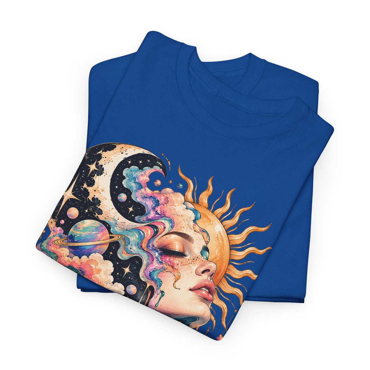 Celestial Sun and Moon Woman T-Shirt, Pastel Cloud Hair Melting Drip Planets Stars Graphic Tee Unisex