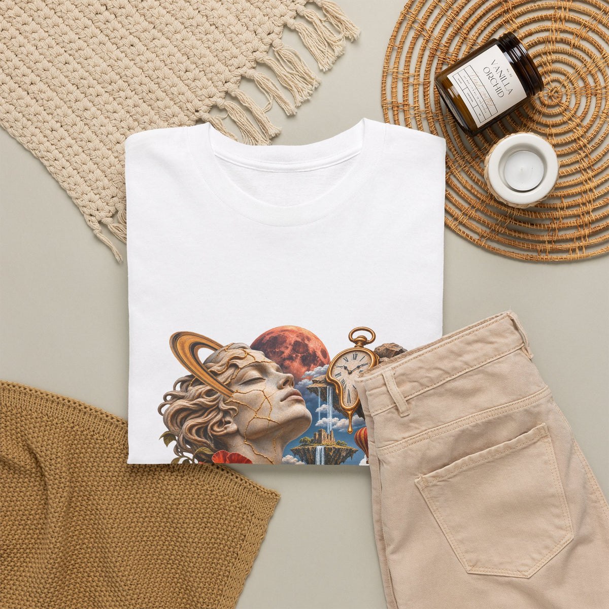 Surreal Kintsugi Bust T-Shirt Melting Clock Floating Islands Celestial Tee