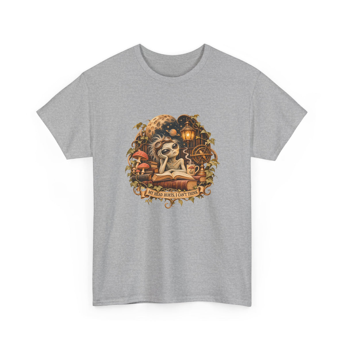 My Head Hurts I Can't Think T-Shirt Alien Scholar Books Funny Tee