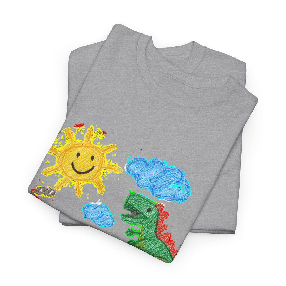Kids Crayon Drawing T-Shirt Dinosaur Dog Sun House Cute Childlike Art Tee