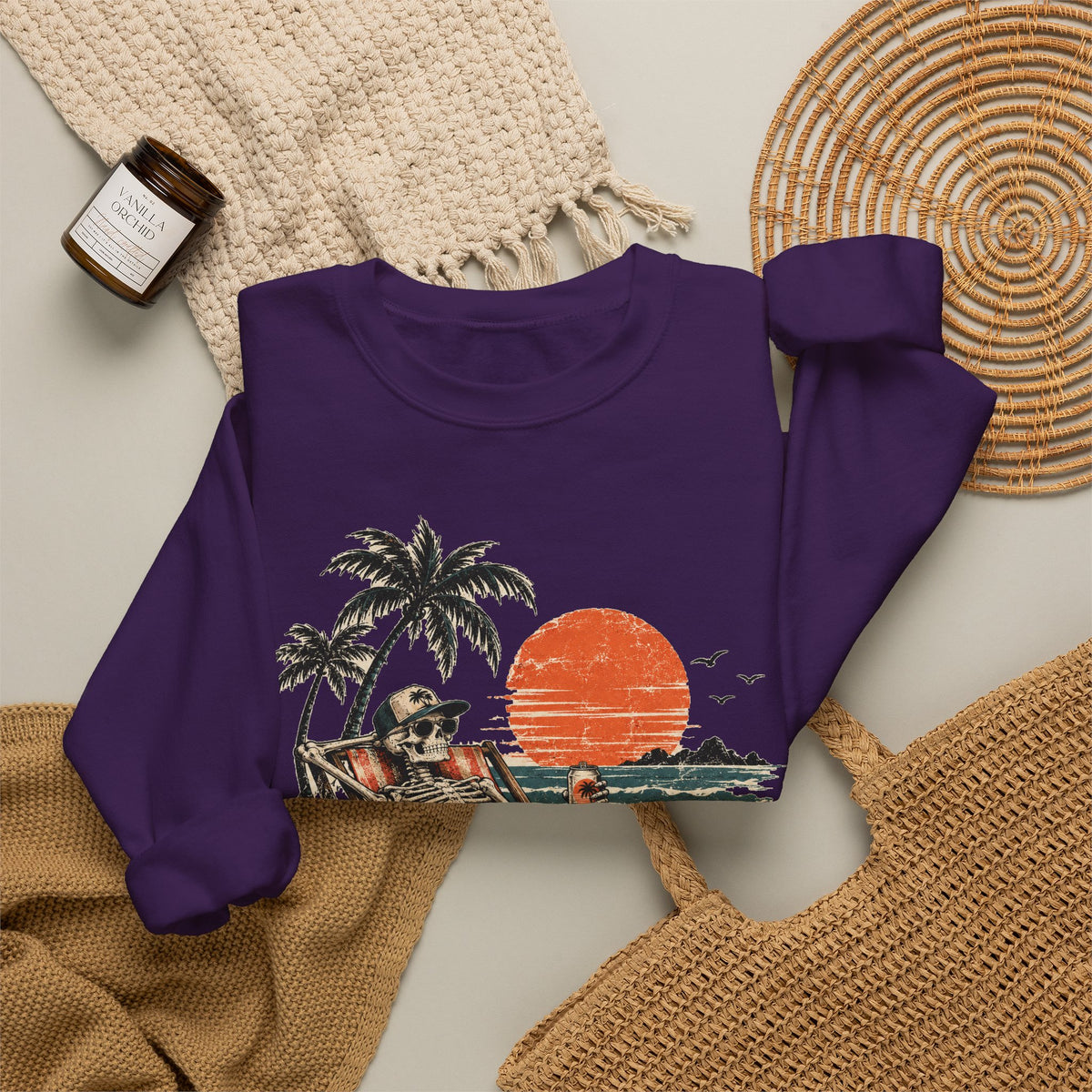 Beach Skeleton Sunset Sweatshirt Palm Trees Vacation Mode Skeleton Crewneck