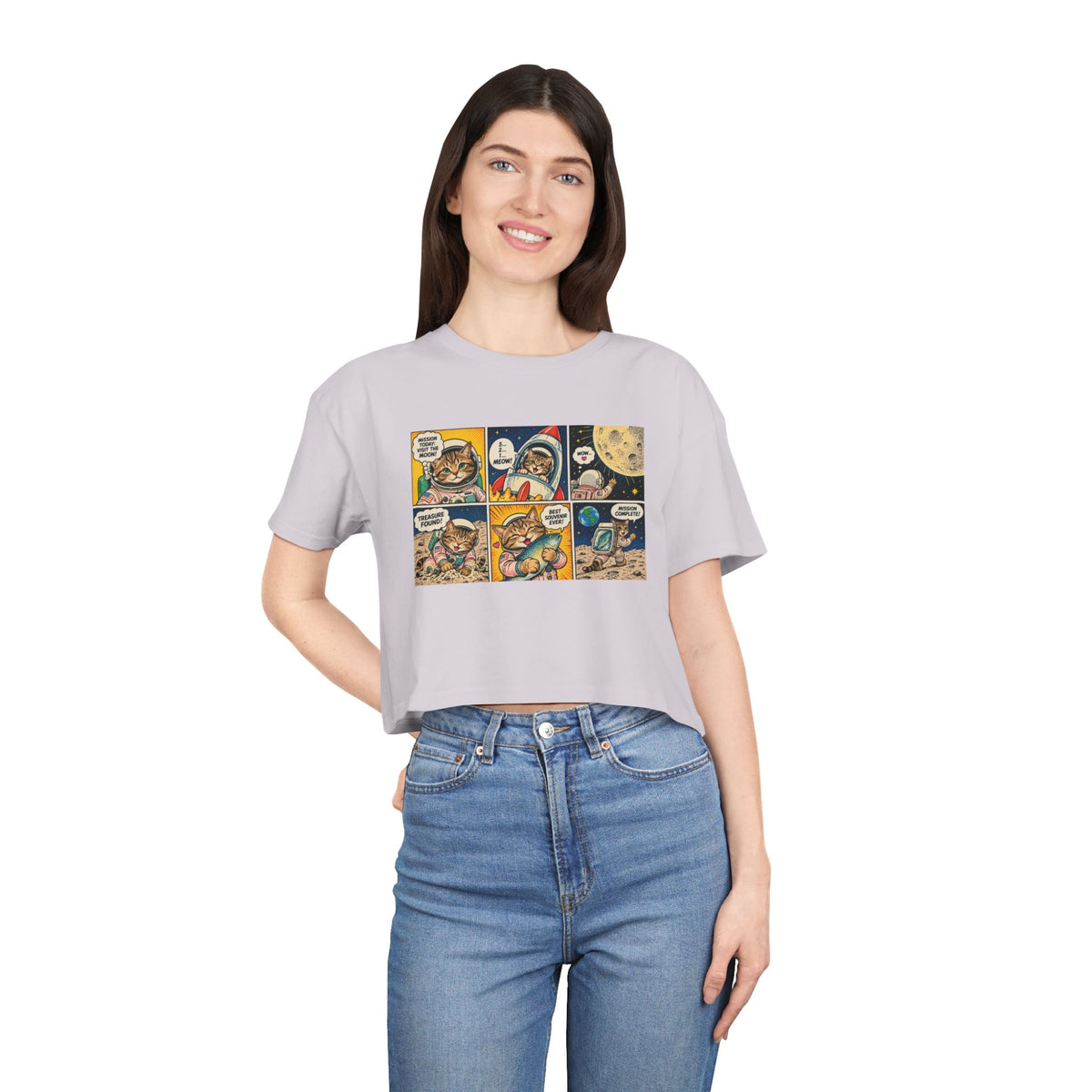 Astronaut Cat Comic Crop Tee, Space Cat Moon Mission Fish Funny Comic Strip Women's Cropped T-Shirt