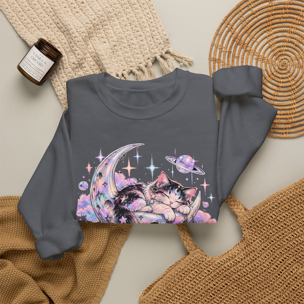 Sleeping Cat on Crescent Moon Sweatshirt Pastel Kawaii Celestial Kitten Crewneck