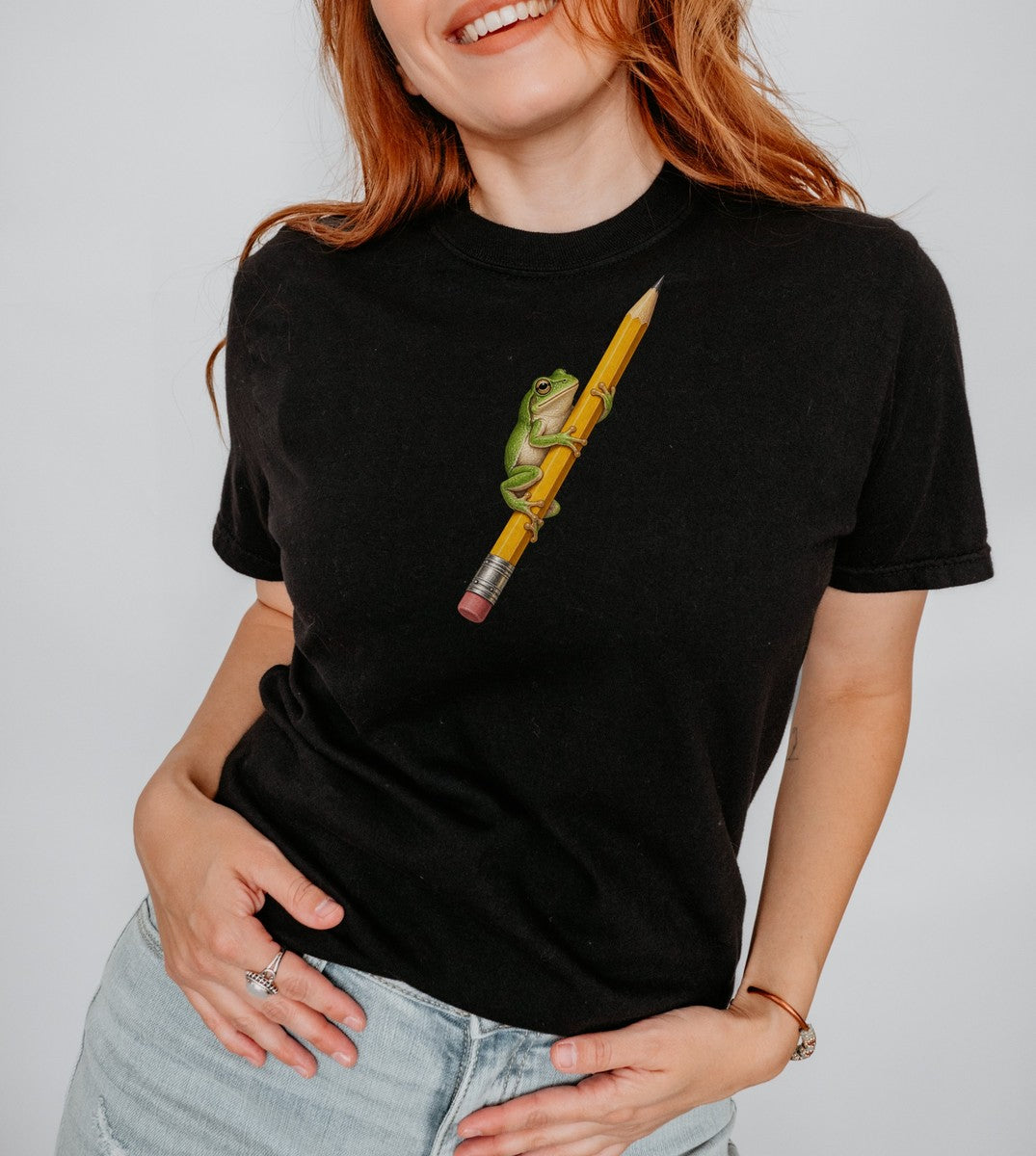 Green Tree Frog on Yellow Pencil Tee Cute Frog Pencil Macro  - Comfort Colors tee closeup v4