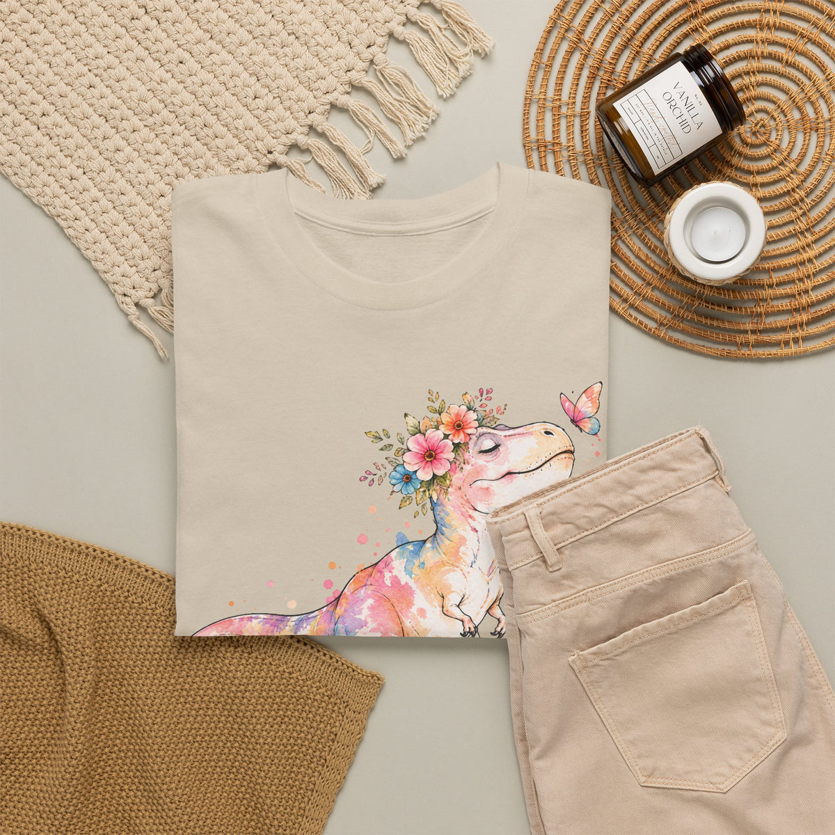 Watercolor T-Rex T-Shirt, Pastel Dinosaur Flower Crown Butterfly Graphic Tee Unisex Cute Dino Shirt