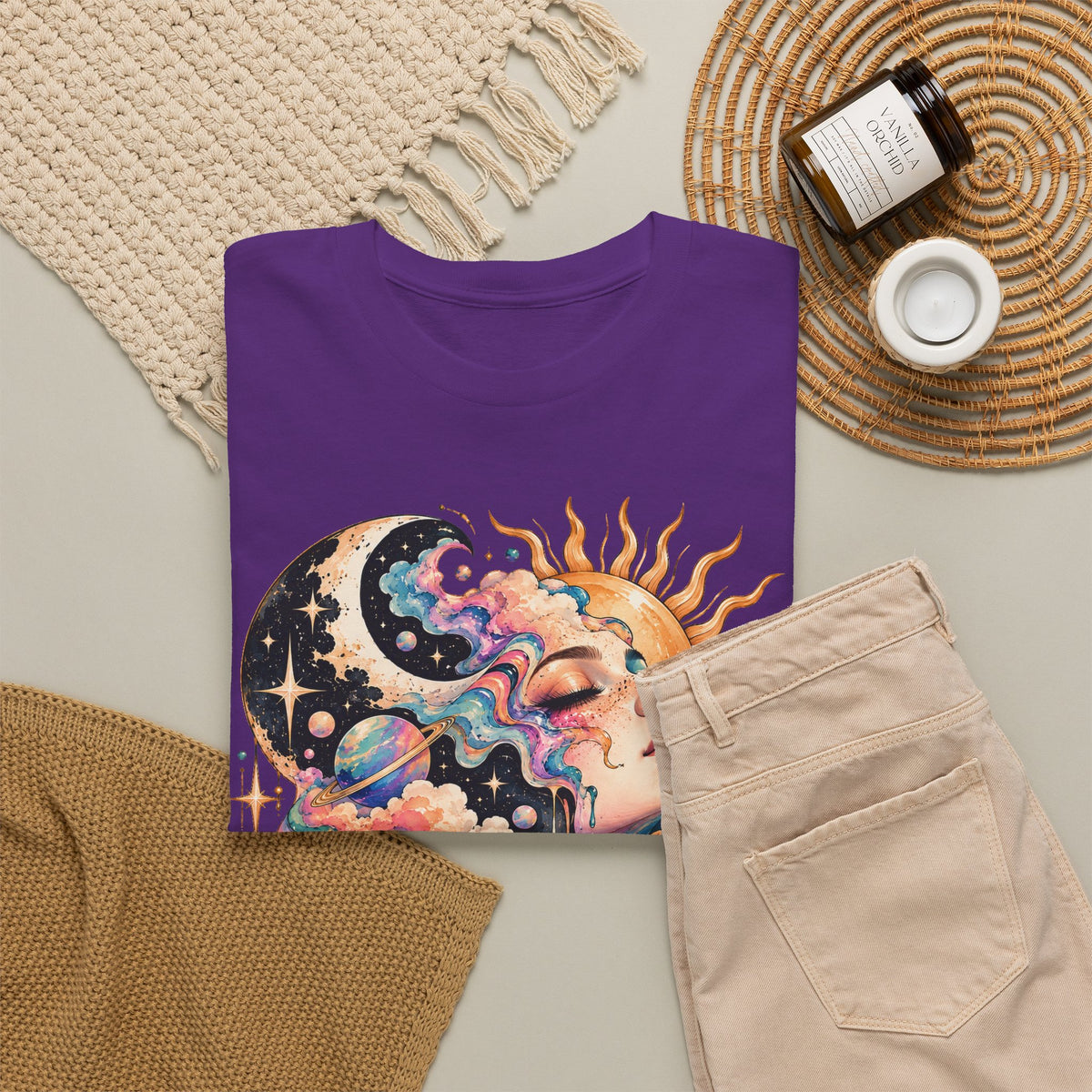 Celestial Sun and Moon Woman T-Shirt, Pastel Cloud Hair Melting Drip Planets Stars Graphic Tee Unisex