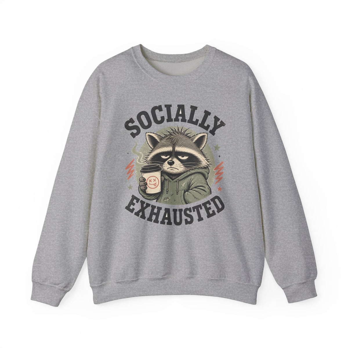 Socially Exhausted Raccoon Sweatshirt Funny Introvert Coffee