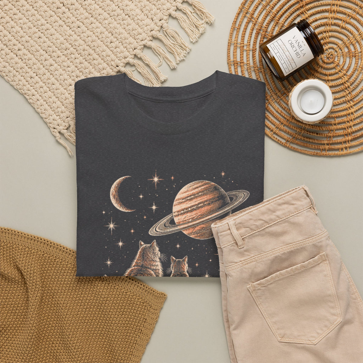 Celestial Space Cats T-Shirt Vintage Woodcut Cats Watching Stars Moon Saturn Tee