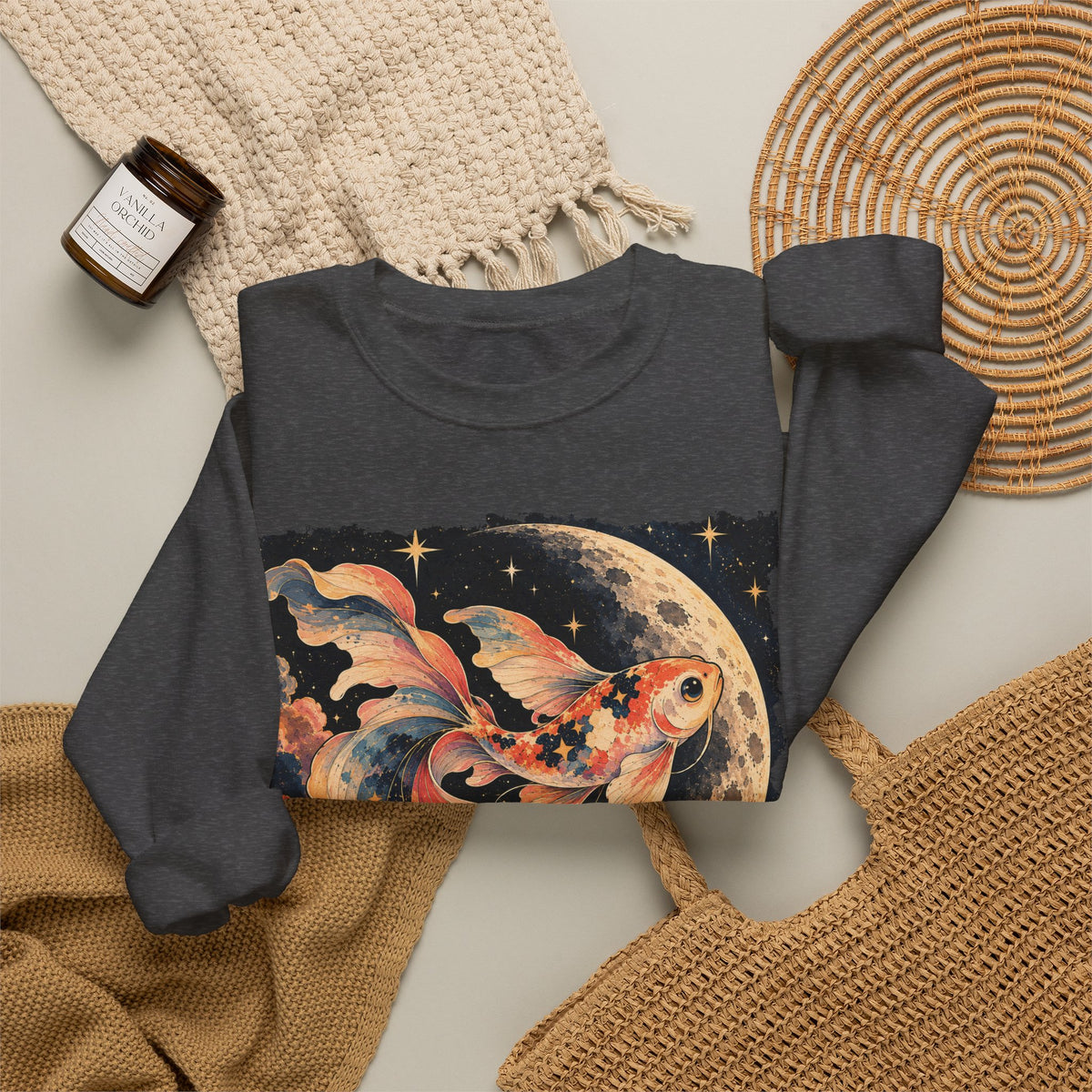 Koi Fish Moon Sweatshirt Celestial Koi Night Sky Full Moon Crewneck