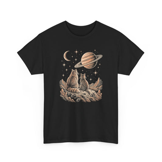Celestial Space Cats T-Shirt Vintage Woodcut Cats Watching Stars Moon Saturn Tee