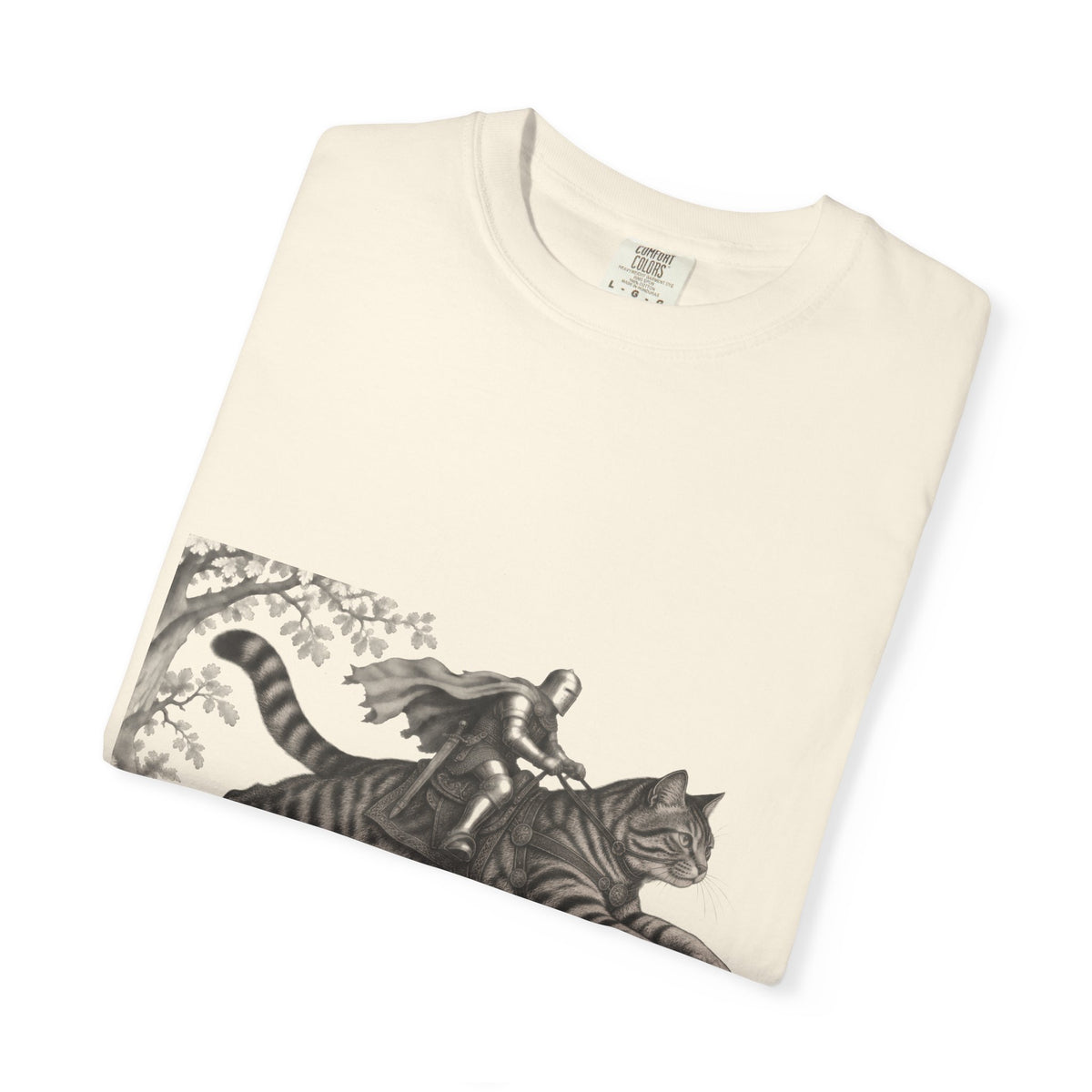 Medieval Knight Riding Leaping Tabby Cat Tee Dark Fantasy Moonlit Cat Shirt