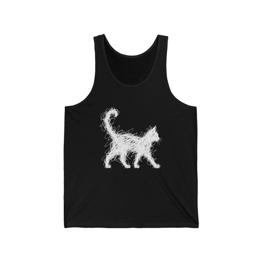 Scribble White Cat on Black Tank Top Minimal Line Art Cat
