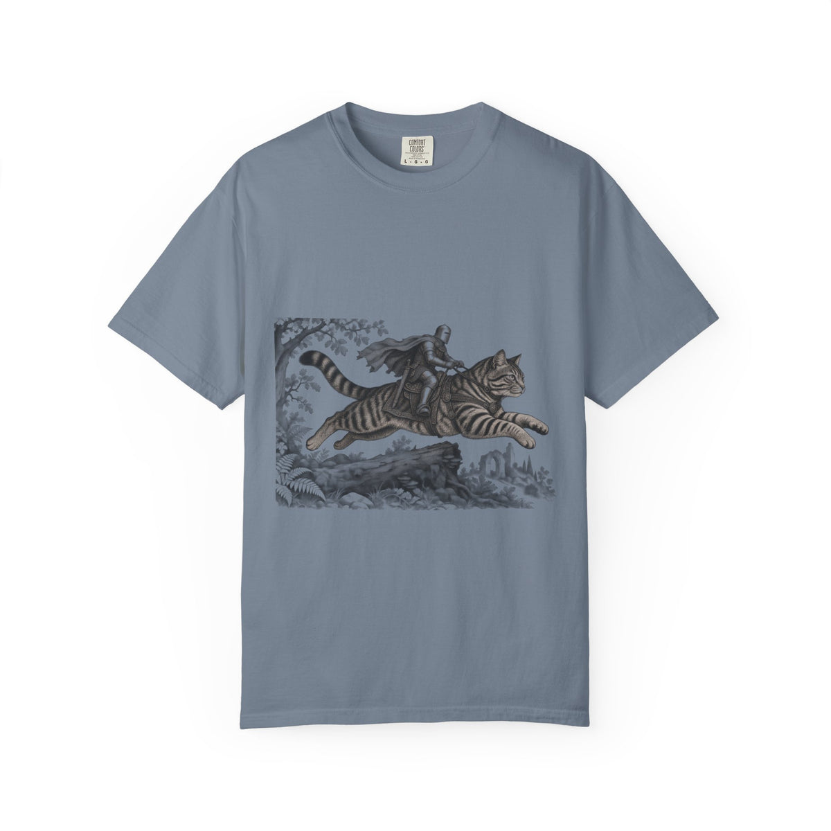 Medieval Knight Riding Leaping Tabby Cat Tee Dark Fantasy Moonlit Cat Shirt