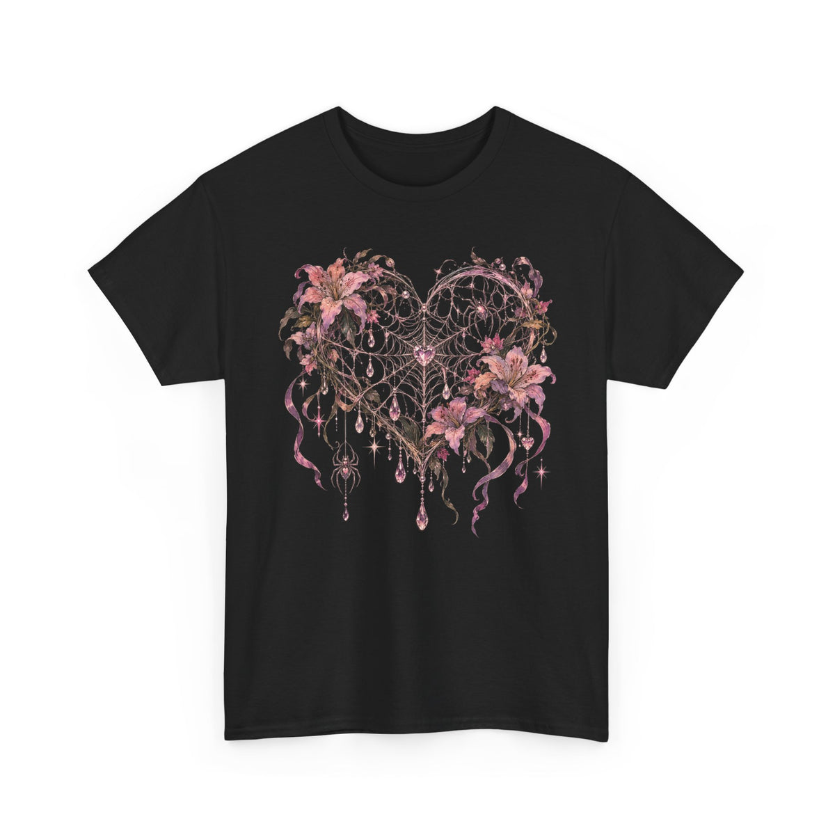Gothic Spiderweb Heart T-Shirt Pink Lilies Crystal Pastel Goth Graphic Tee