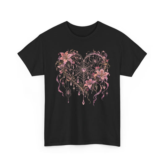 Gothic Spiderweb Heart T-Shirt Pink Lilies Crystal Pastel Goth Graphic Tee