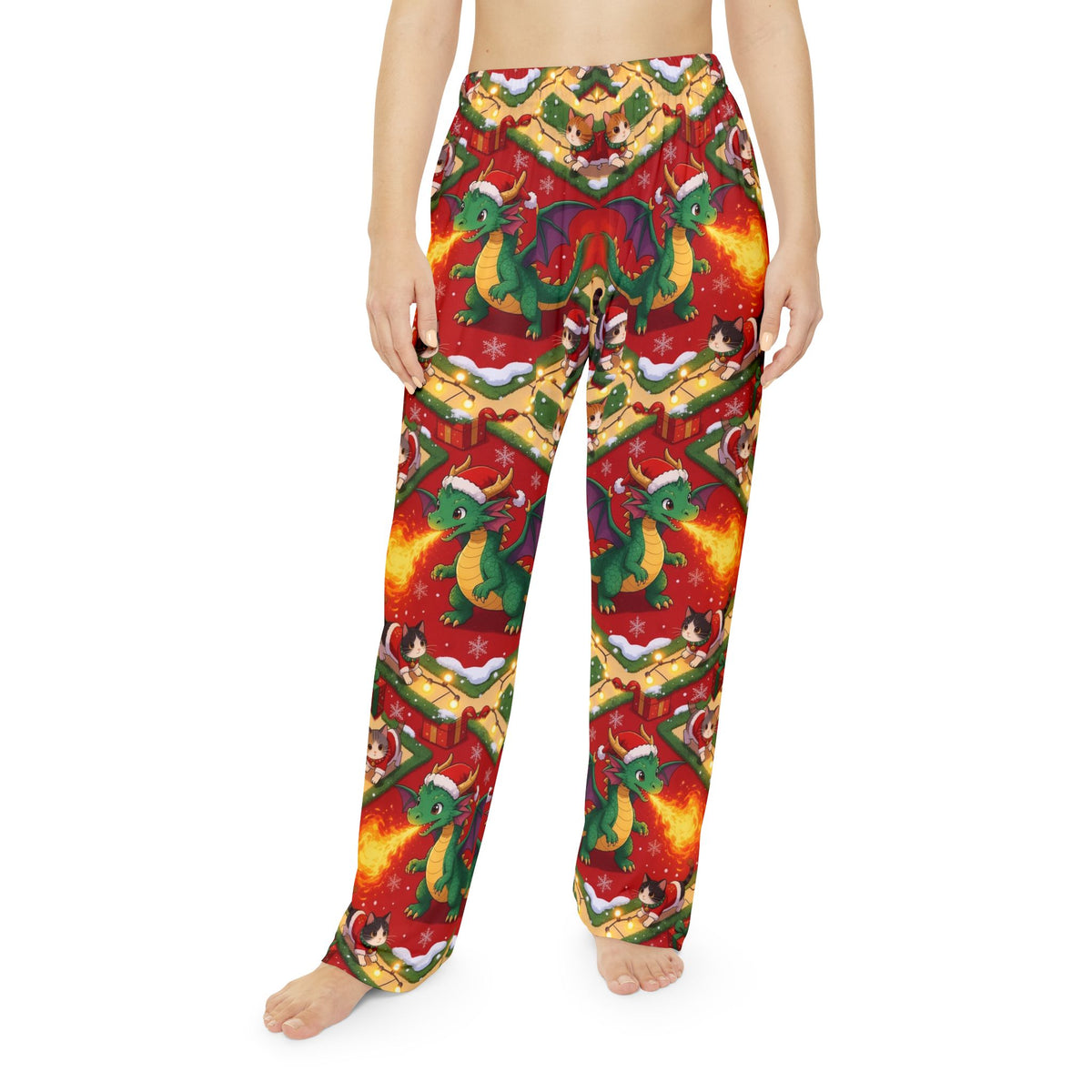 Green Christmas Dragon Kittens Pajama Pants Women Lounge Pants