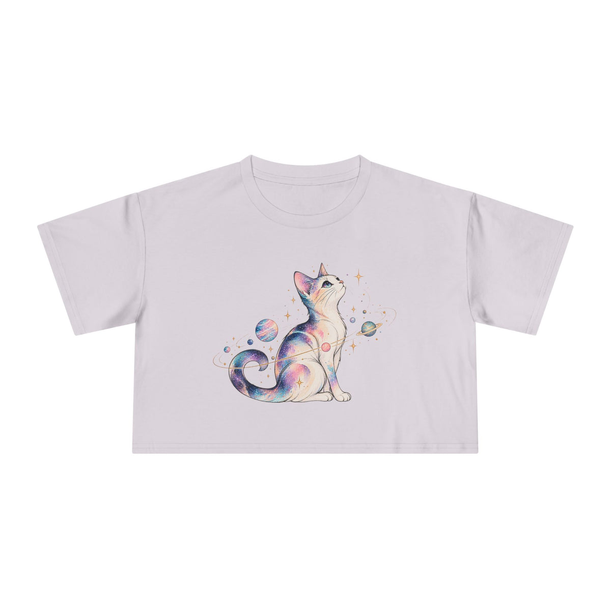 Cosmic Galaxy Cat Crop Tee, Pastel Watercolor Cat Planets Gold Stars Celestial Women's Cropped T-Shirt