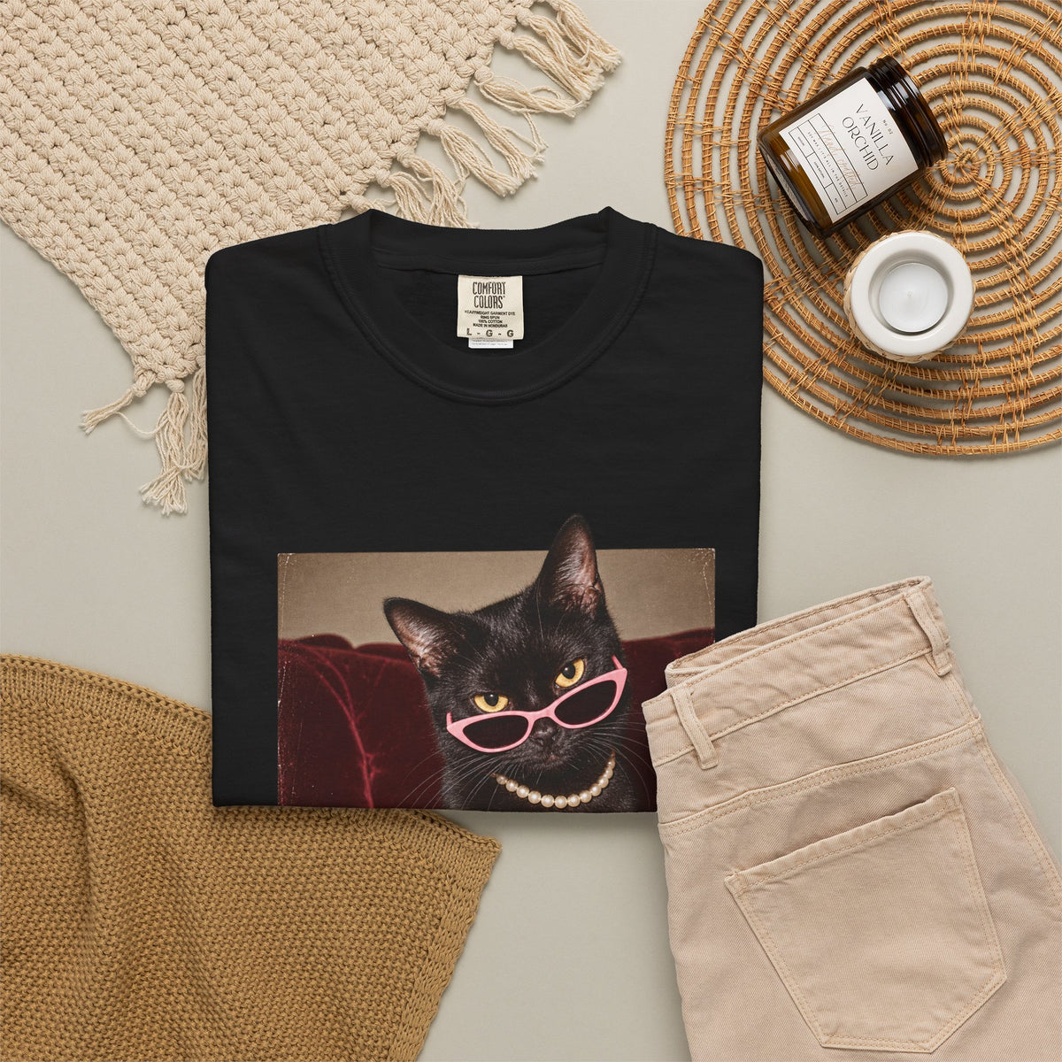 Respectfully What the Fluff Funny Cat Tee Black Cat Sunglasses Pearls Shirt