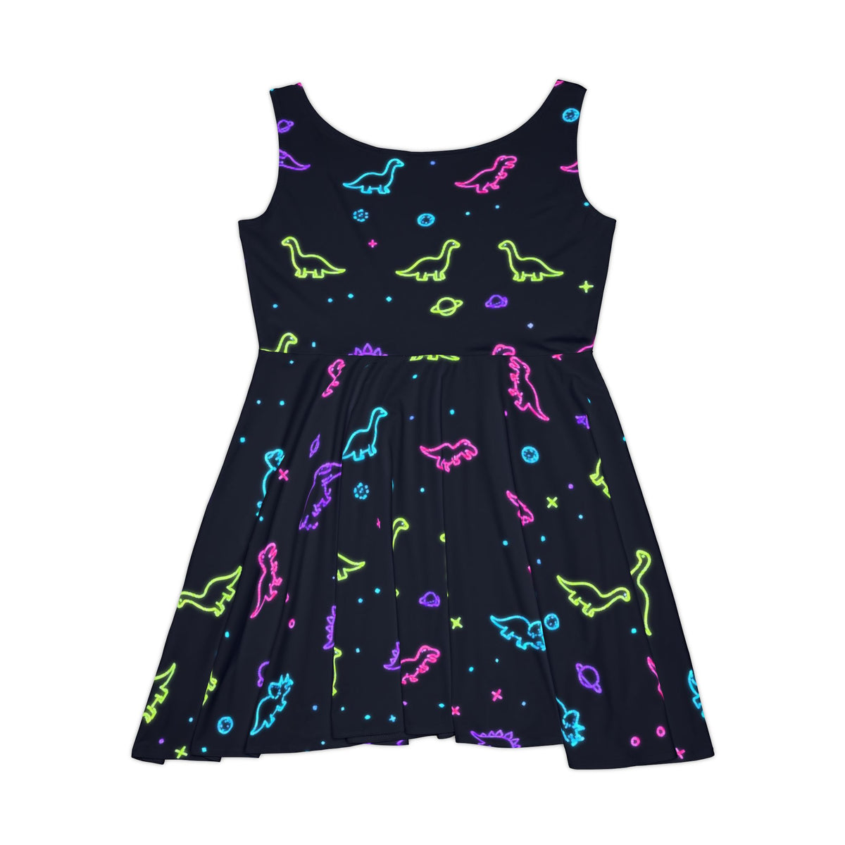 Neon Dinosaur Space Skater Dress Women All Over Print Galaxy Dino Stars Black