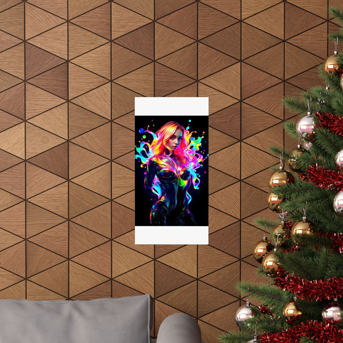 Neon Splash Rainbow Hair Woman Poster Matte Vertical Wall Art