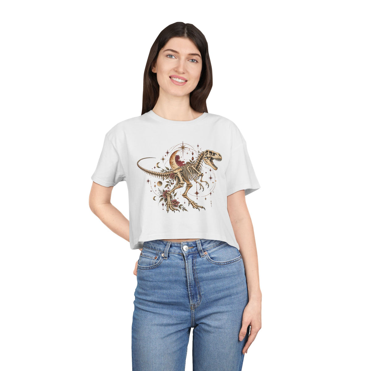 Celestial T-Rex Skeleton Crop Tee, Dark Academia Moon Stars Floral Dinosaur Women's Cropped T-Shirt