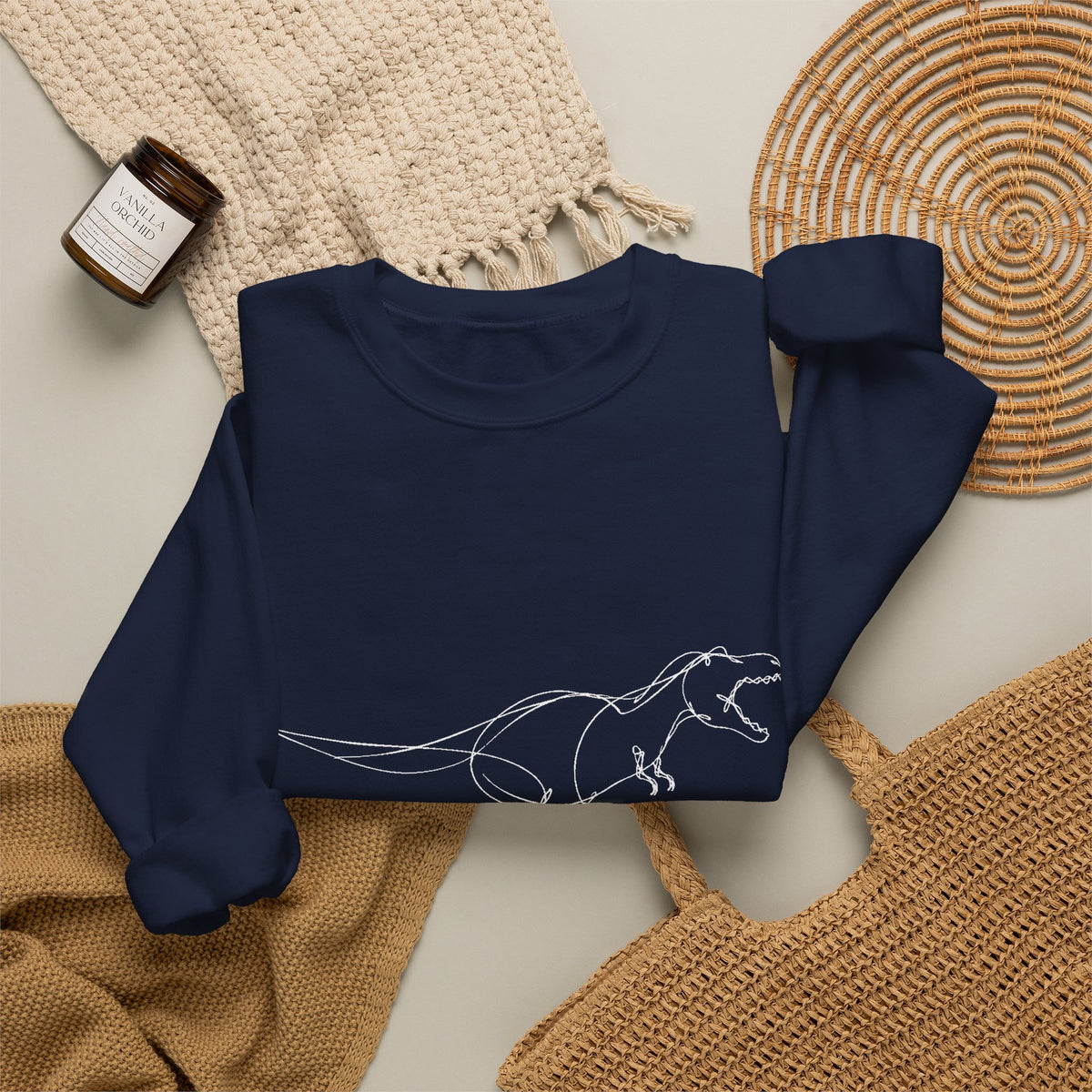 Minimal White Line T-Rex on Black Sweatshirt Simple Dinosaur Sketch