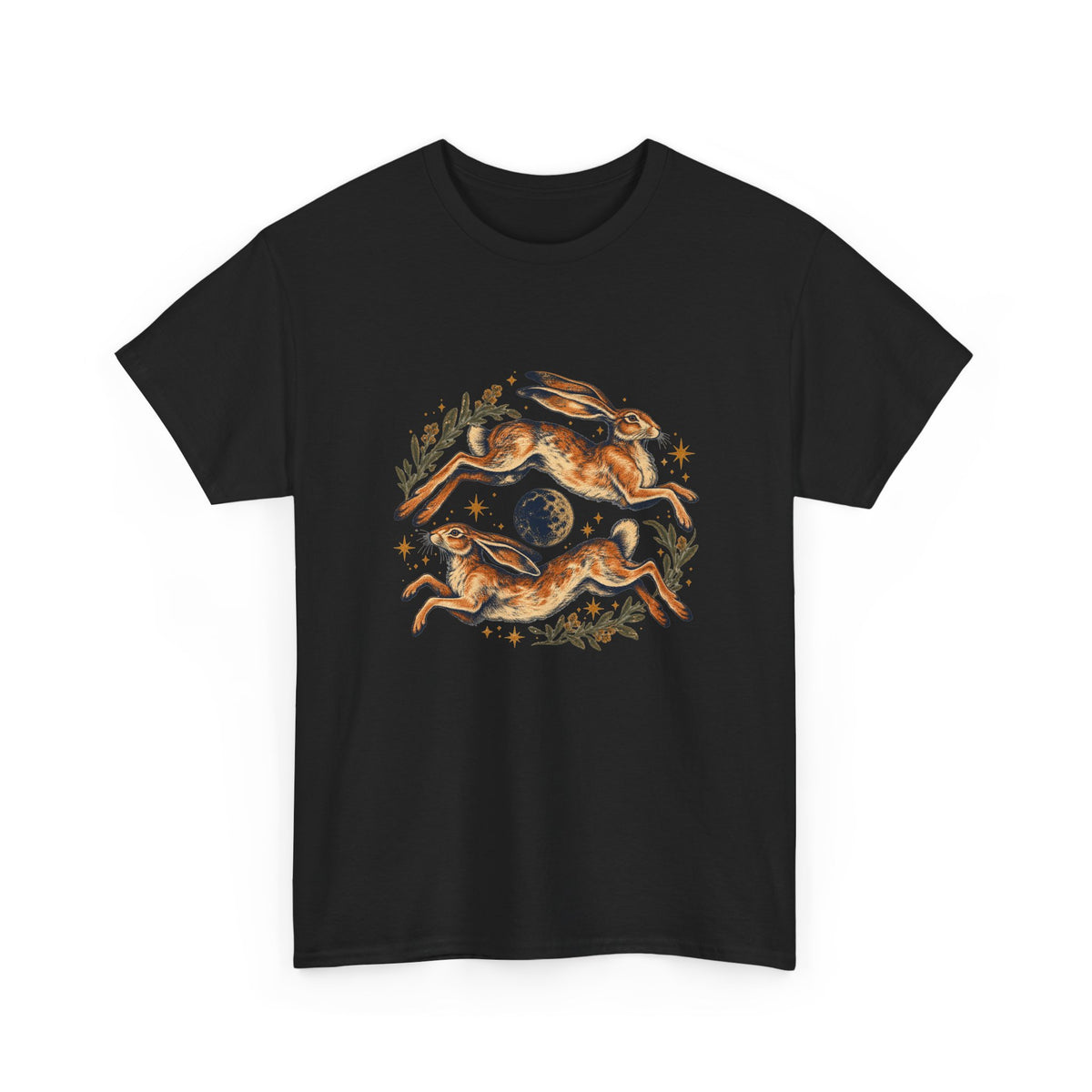 Leaping Hares Moon T-Shirt Celestial Twin Rabbits Stars Tee