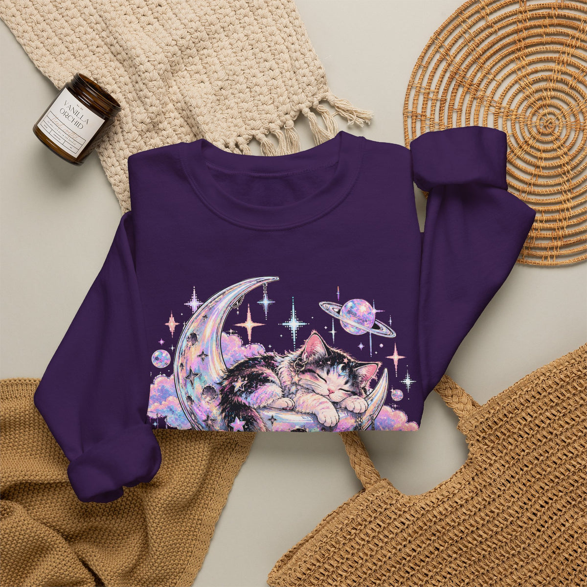 Sleeping Cat on Crescent Moon Sweatshirt Pastel Kawaii Celestial Kitten Crewneck