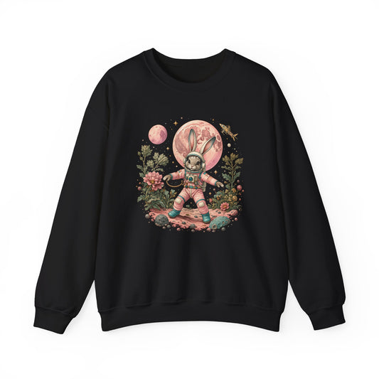 Bunny Astronaut Sweatshirt Pink Moon Space Rabbit Flowers Rocket Crewneck