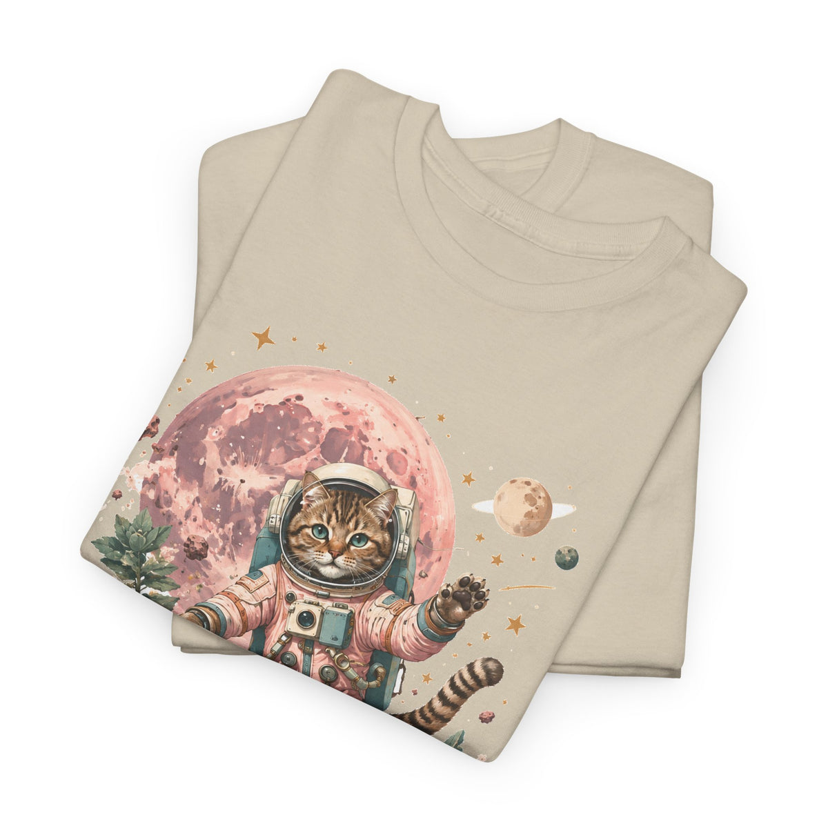 Tabby Cat Astronaut T-Shirt Pastel Pink Moon Space Cat Waving Tee