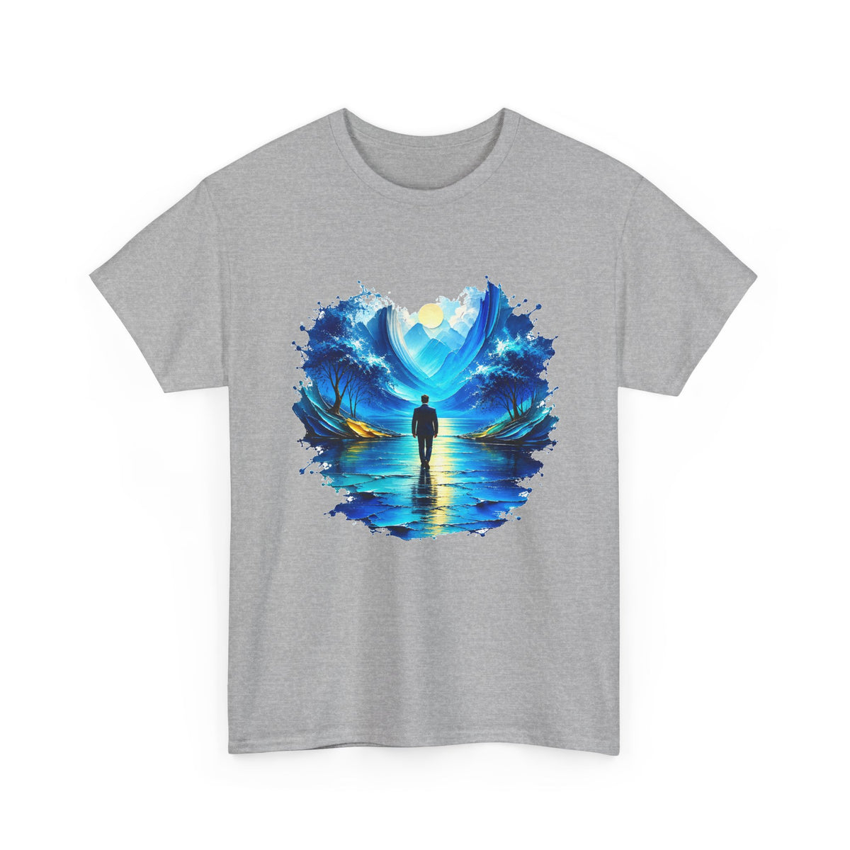 Blue Dreamscape Wanderer T-Shirt Man Walking on Water Toward the Sun Paint Splash Art