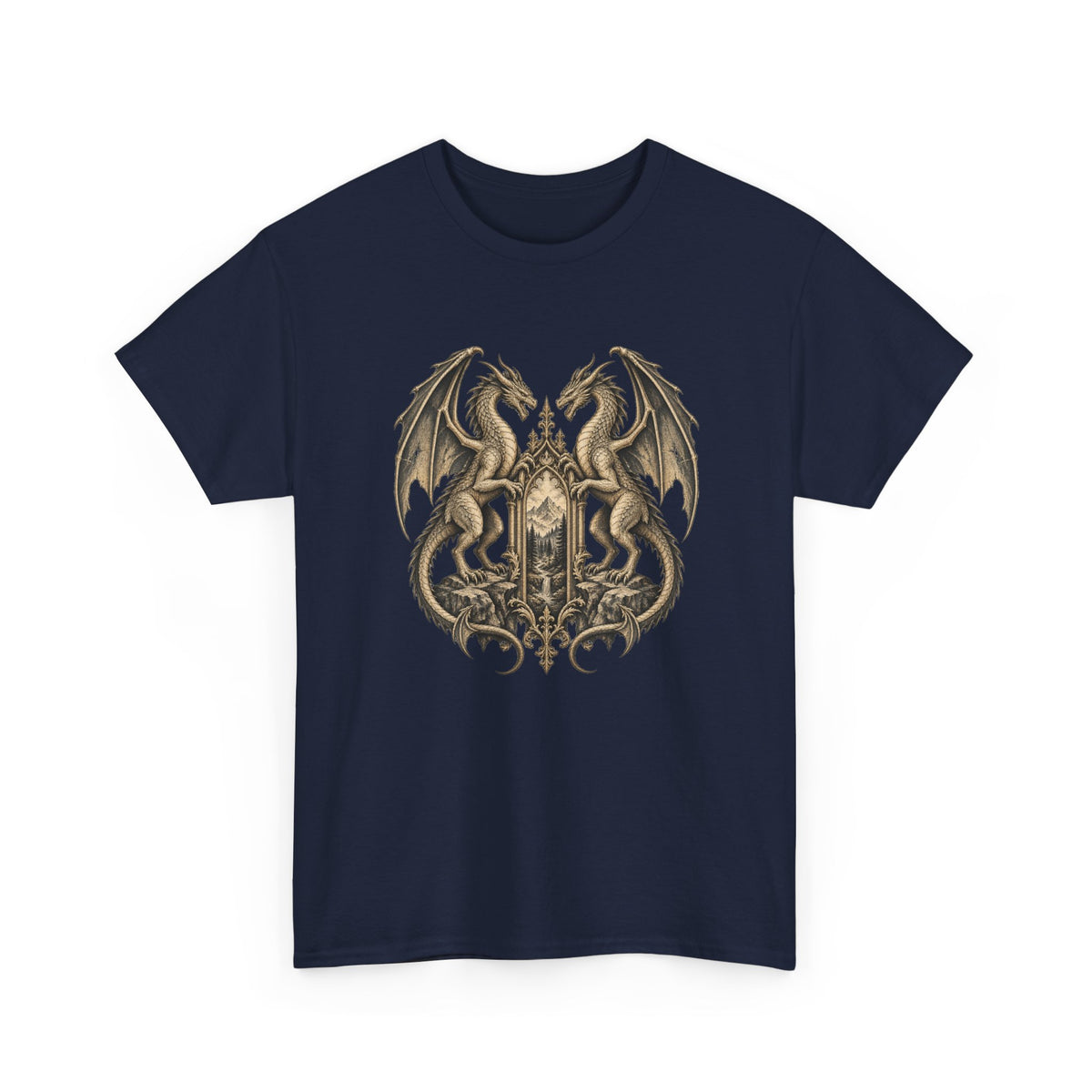 Twin Dragons Gate T-Shirt Fantasy Mountain Portal Dragon Tee