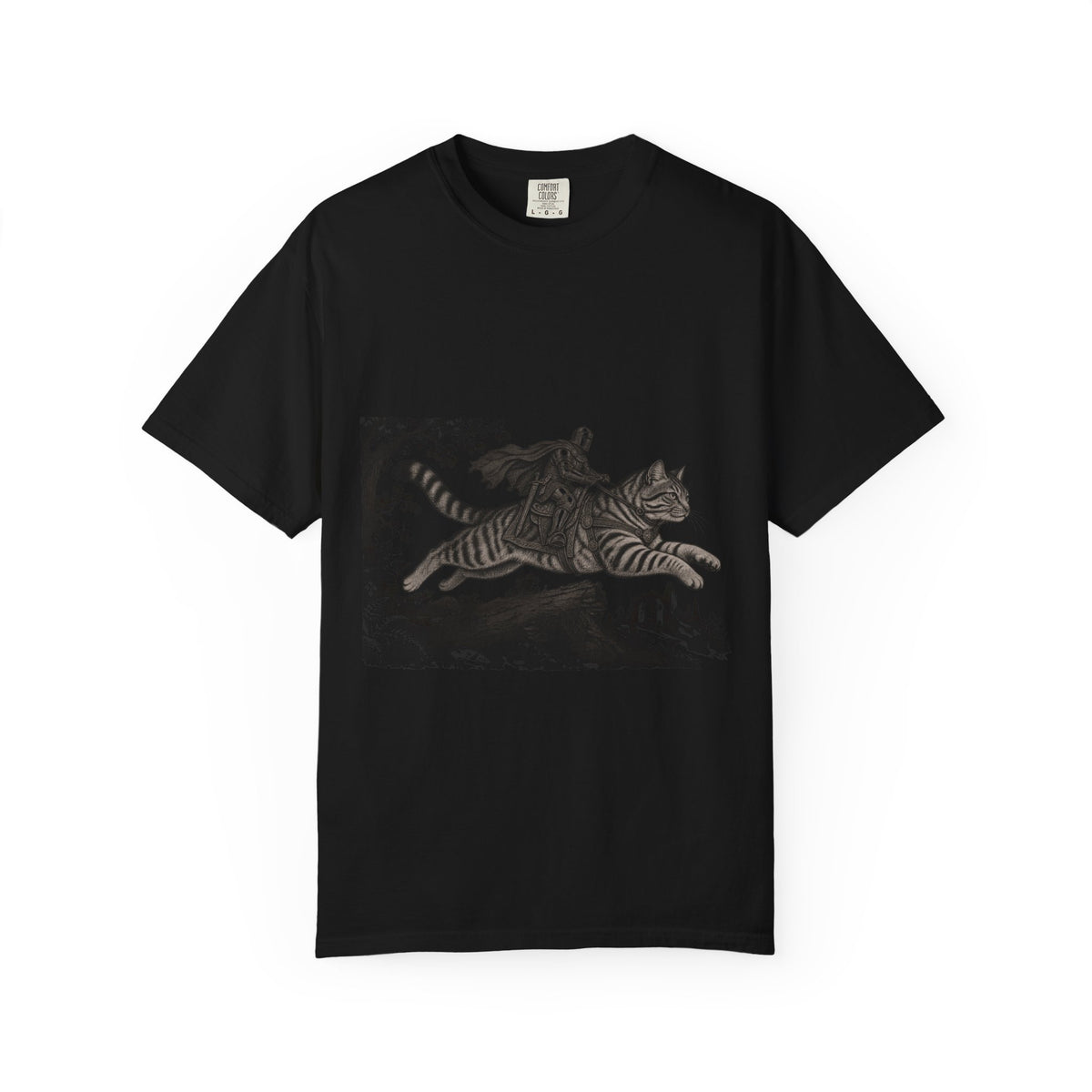 Medieval Knight Riding Leaping Tabby Cat Tee Dark Fantasy Moonlit Cat Shirt