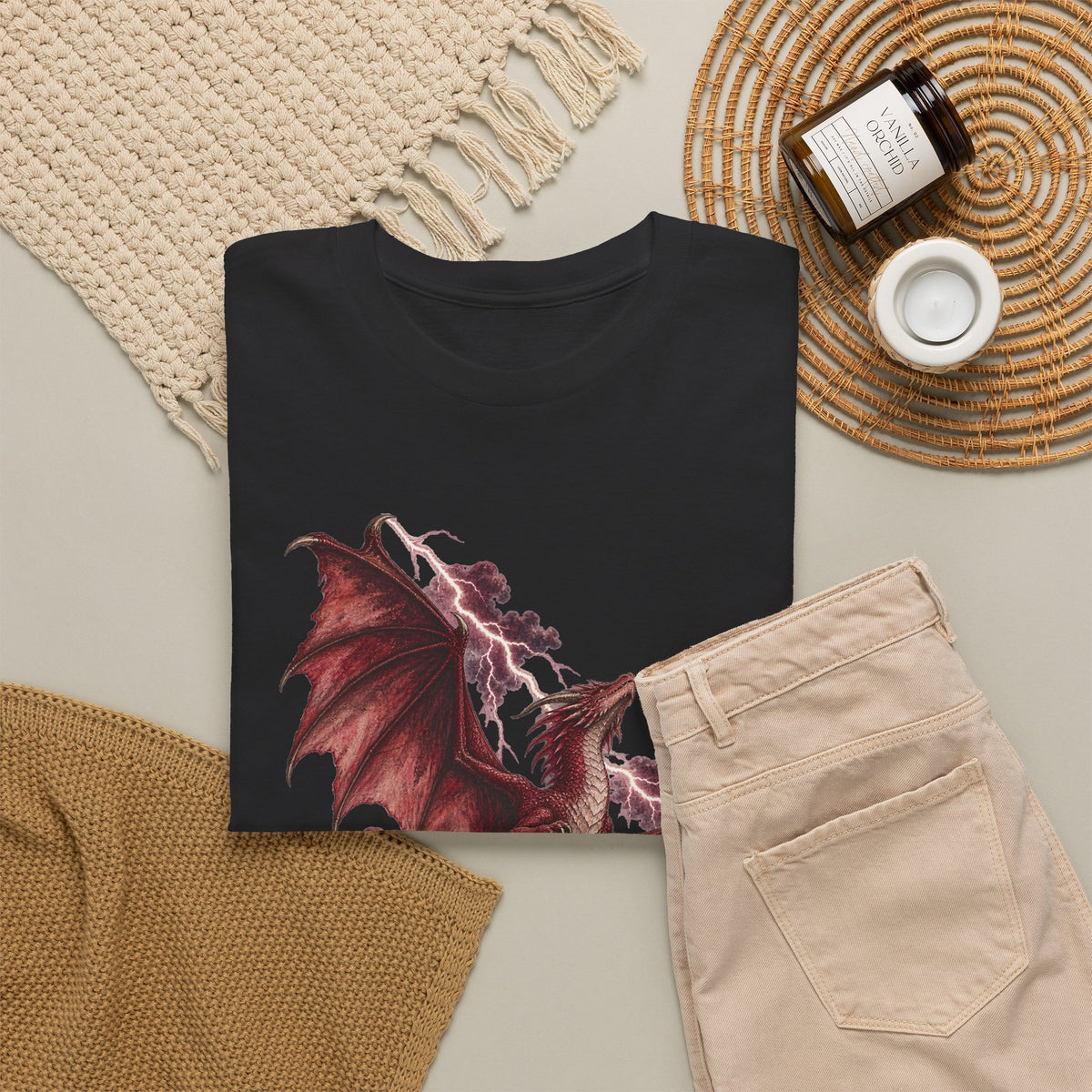 Red Lightning Storm Dragon T-Shirt Crimson Dragon Pink Lightning Purple Storm Clouds Fantasy Tee