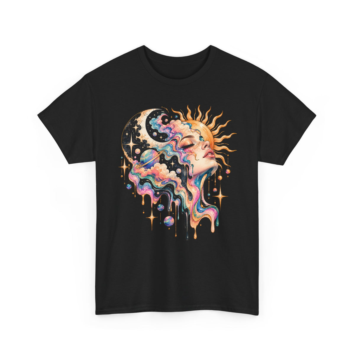 Celestial Sun and Moon Woman T-Shirt, Pastel Cloud Hair Melting Drip Planets Stars Graphic Tee Unisex