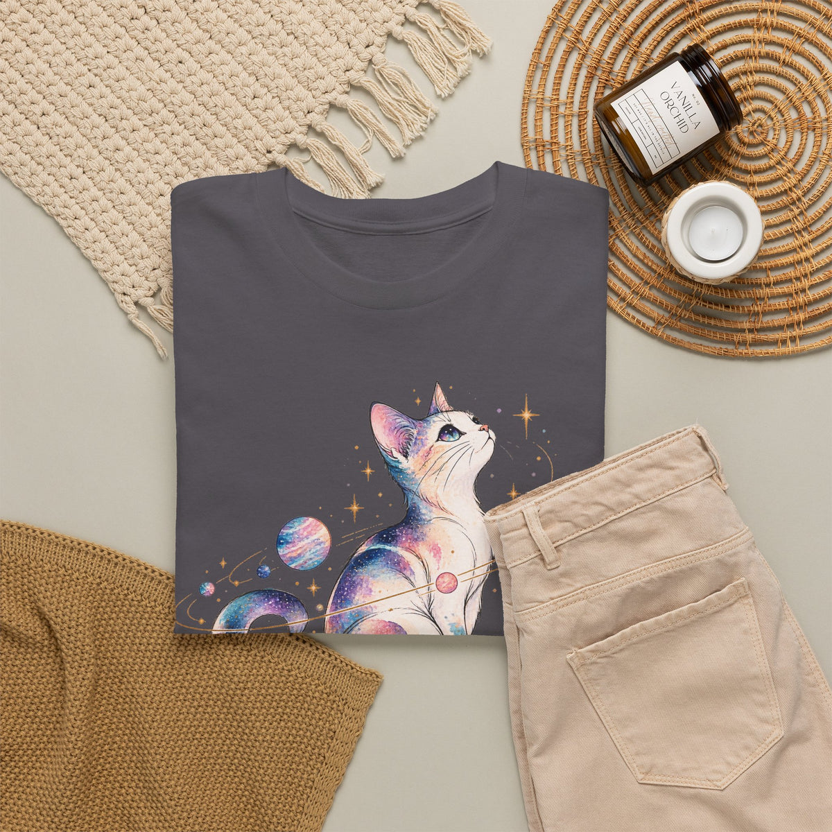 Cosmic Galaxy Cat T-Shirt, Pastel Watercolor Cat Planets Gold Stars Celestial Graphic Tee Unisex