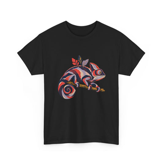 Striped Chameleon T-Shirt Boho Leaves Spiral Tail Lizard Tee