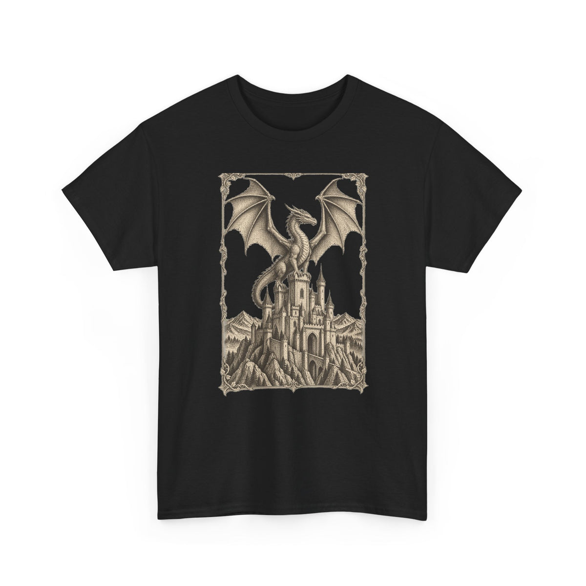 Gothic Dragon Castle T-Shirt Fantasy Stipple Ink Dragon Keep Tee