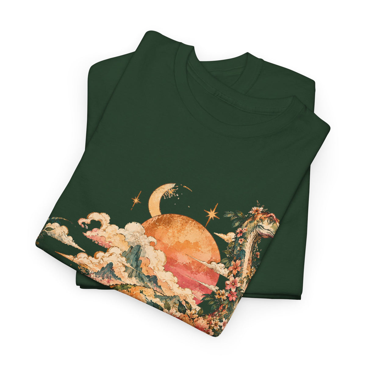 Floral Dinosaur T-Shirt, Vintage Brontosaurus Sunset Mountains Graphic Tee Unisex Nature Shirt