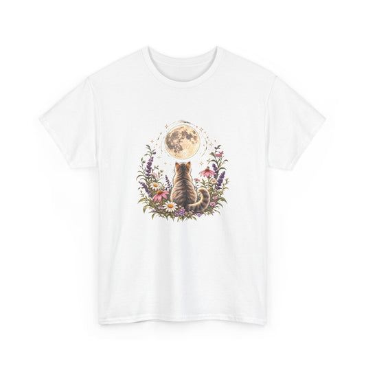 Cat Gazing at Full Moon T-Shirt Cottagecore Floral Celestial Cat Lover Tee