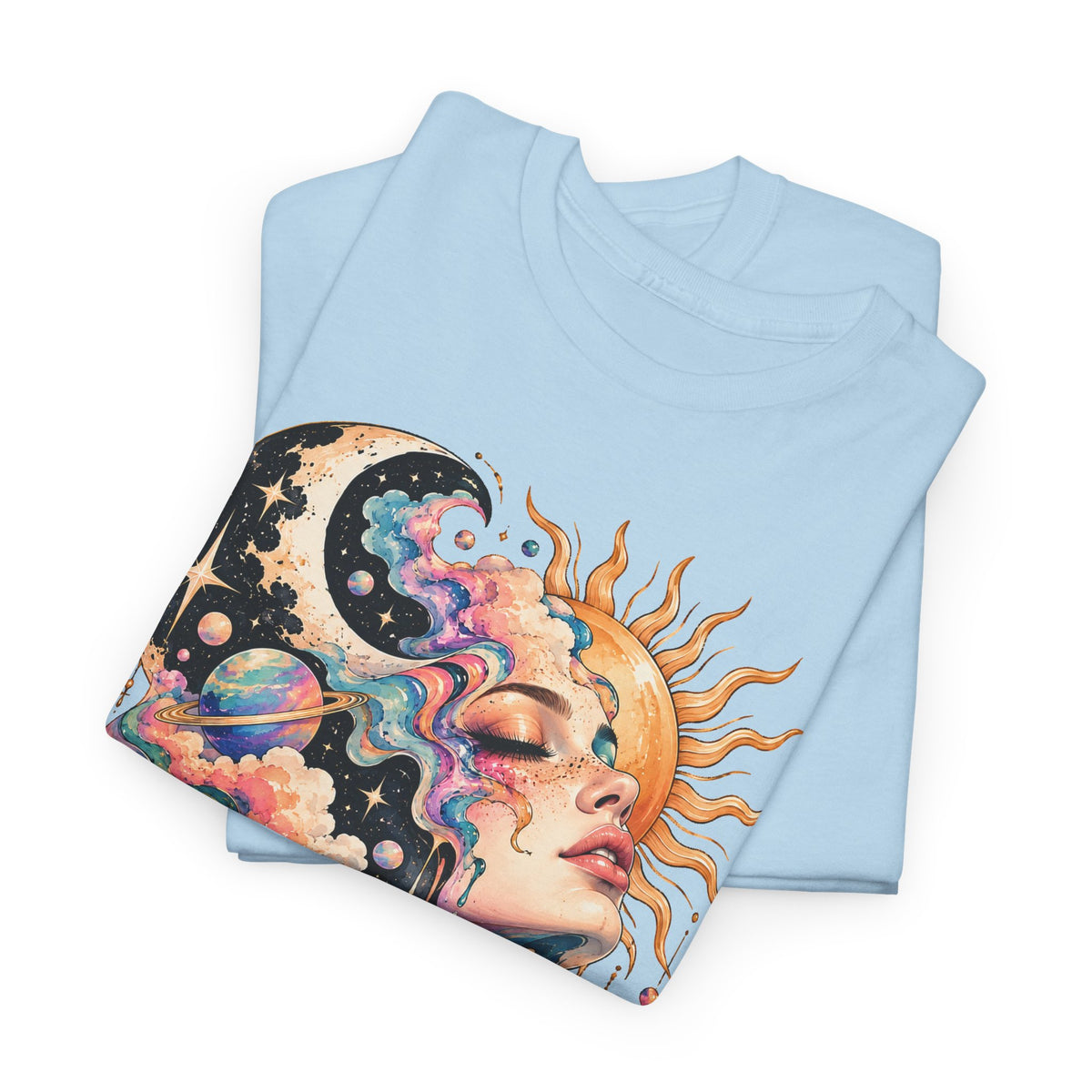 Celestial Sun and Moon Woman T-Shirt, Pastel Cloud Hair Melting Drip Planets Stars Graphic Tee Unisex