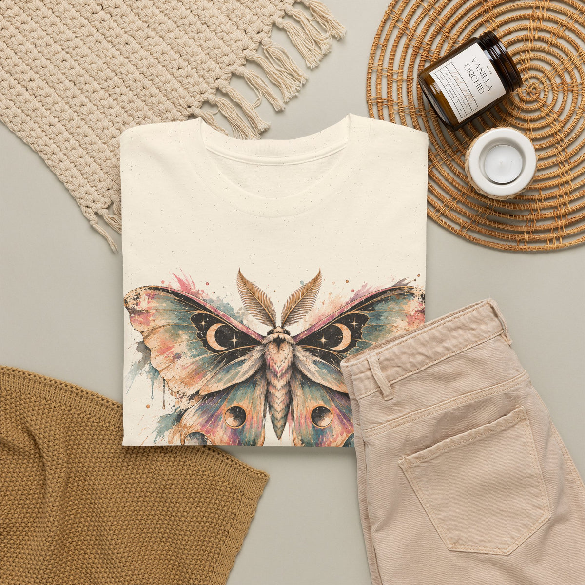 Celestial Luna Moth T-Shirt, Pastel Watercolor Moth Crescent Moon Stars Paint Drip Graphic Tee Unisex
