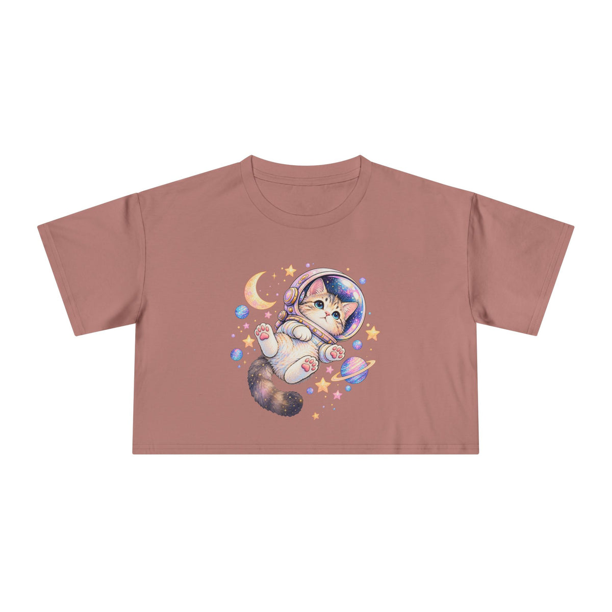 Astronaut Kitten Crop Tee, Cute Pastel Space Cat Helmet Moon Planets Stars Kawaii Women's Cropped T-Shirt