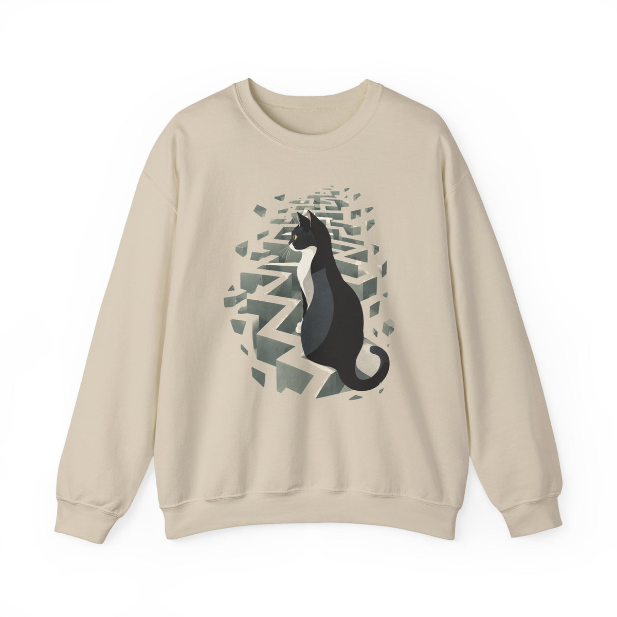 Tuxedo Cat 3D Maze Crewneck Sweatshirt Black and White Cat Surreal Labyrinth Art