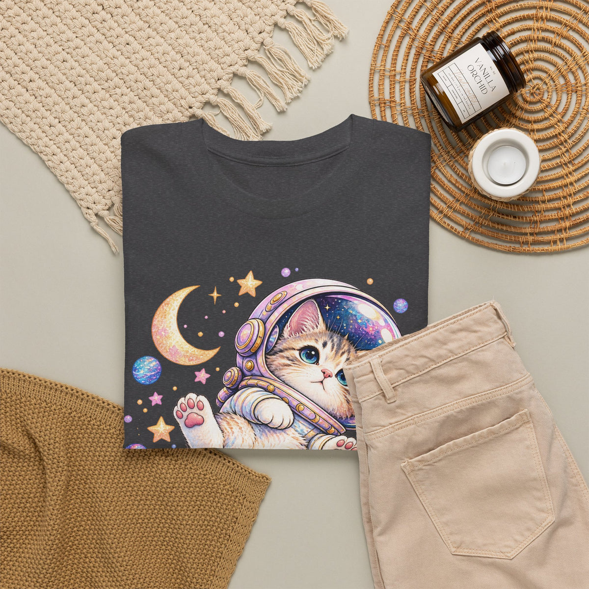 Astronaut Kitten T-Shirt, Cute Pastel Space Cat Helmet Moon Planets Stars Graphic Tee Unisex
