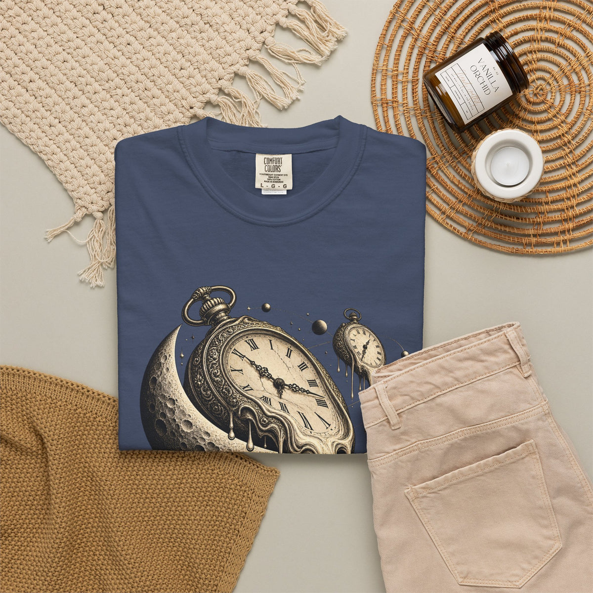 Melting Pocket Watch Crescent Moon Tee Surreal Celestial Time Shirt