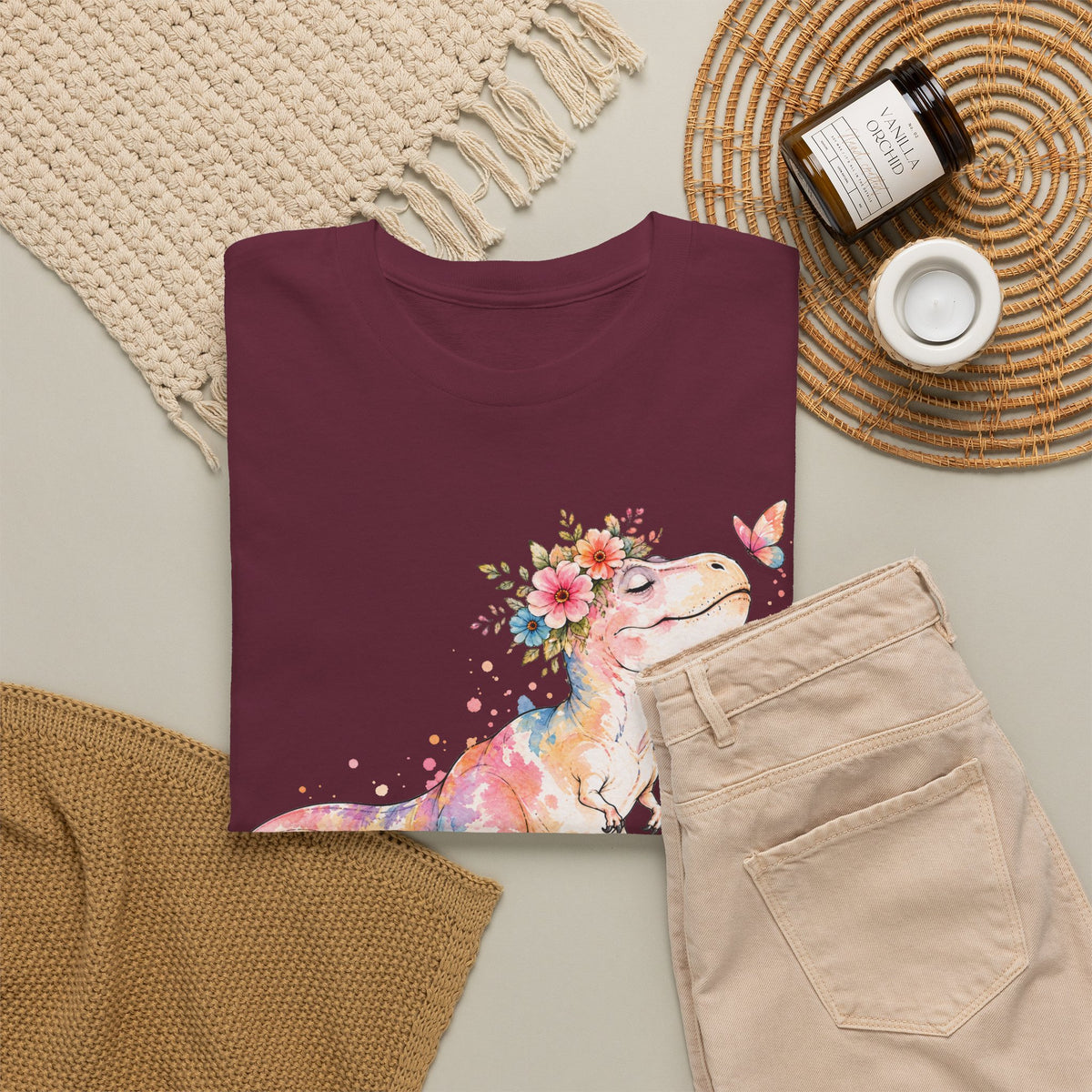 Watercolor T-Rex T-Shirt, Pastel Dinosaur Flower Crown Butterfly Graphic Tee Unisex Cute Dino Shirt